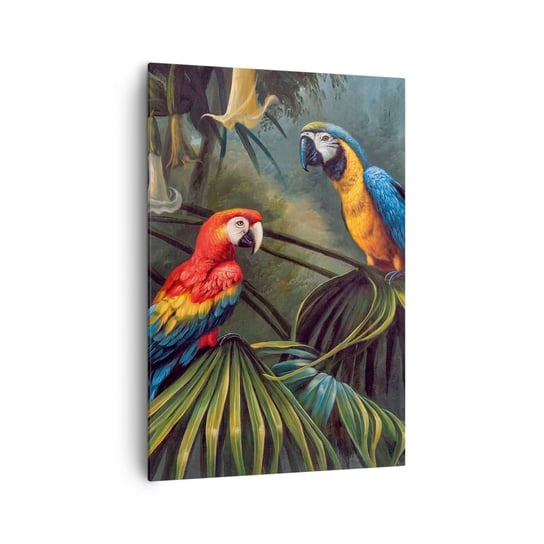 Obraz na płótnie - Romantyzm w tropikach - 70x100cm - Papuga Ara Zwierzęta Las Tropikalny - Nowoczesny foto obraz w ramie do salonu do sypialni ARTTOR ARTTOR