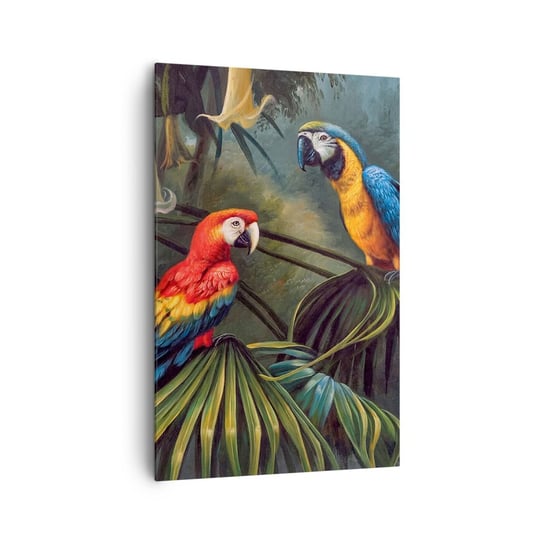 Obraz na płótnie - Romantyzm w tropikach - 80x120cm - Papuga Ara Zwierzęta Las Tropikalny - Nowoczesny obraz na ścianę do salonu do sypialni ARTTOR ARTTOR