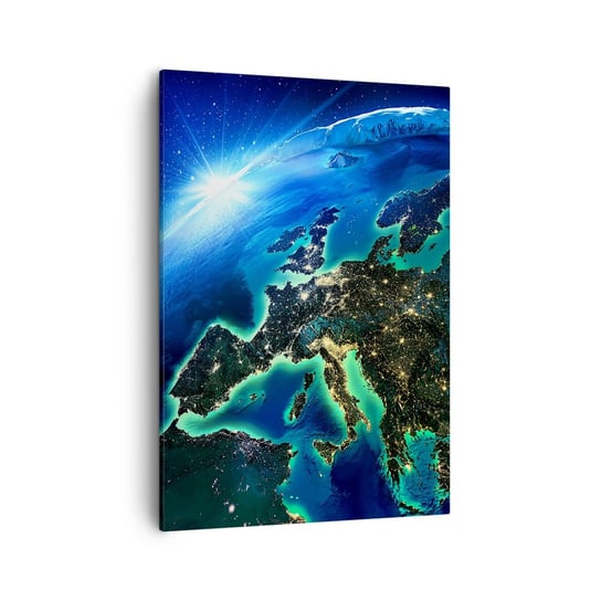 Obraz na płótnie - Roziskrzona Europa - 50x70cm - Kosmos Planeta Ziemia Kontynenty - Nowoczesny Canvas obraz do salonu do sypialni ARTTOR ARTTOR