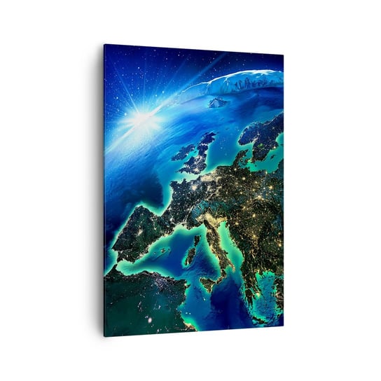 Obraz na płótnie - Roziskrzona Europa - 70x100cm - Kosmos Planeta Ziemia Kontynenty - Nowoczesny foto obraz w ramie do salonu do sypialni ARTTOR ARTTOR