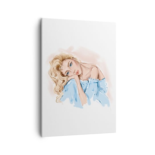 Obraz na płótnie - Rozmarzona w błękicie - 50x70cm - Kobieta Moda Grafika - Nowoczesny Canvas obraz do salonu do sypialni ARTTOR ARTTOR