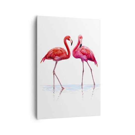 Obraz na płótnie - Różowe randez-vous - 70x100cm - Flamingi Ptaki Sztuka - Nowoczesny foto obraz w ramie do salonu do sypialni ARTTOR ARTTOR