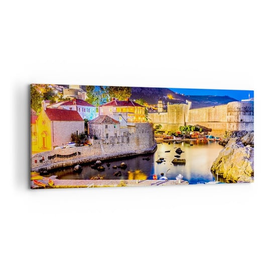 Obraz na płótnie - Rozświetlona noc nad Adriatykiem - 120x50cm - Architektura Dubrownik Chorwacja - Nowoczesny obraz na ścianę do salonu do sypialni ARTTOR ARTTOR