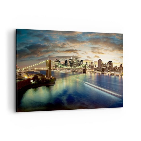 Obraz na płótnie - Rozświetlony wieczór nad Manhatanem - 100x70cm - Miasto Most Nowy York - Nowoczesny foto obraz w ramie do salonu do sypialni ARTTOR ARTTOR