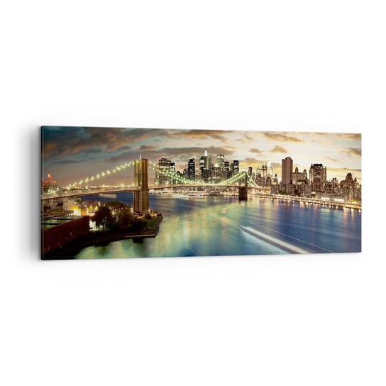 Obraz na płótnie - Rozświetlony wieczór nad Manhatanem - 140x50cm - Miasto Most Nowy York - Nowoczesny Canvas obraz do salonu do sypialni ARTTOR ARTTOR