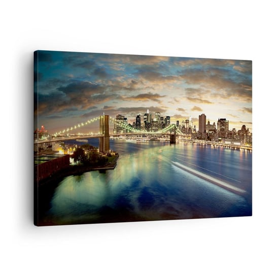 Obraz na płótnie - Rozświetlony wieczór nad Manhatanem - 70x50cm - Miasto Most Nowy York - Nowoczesny Canvas obraz do salonu do sypialni ARTTOR ARTTOR