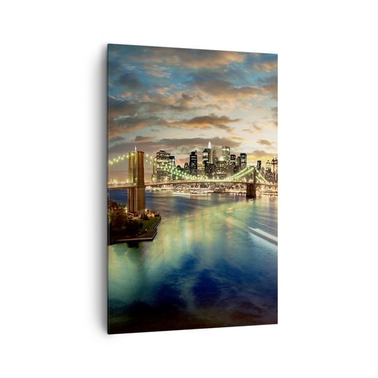 Obraz na płótnie - Rozświetlony wieczór nad Manhatanem - 80x120cm - Miasto Most Nowy York - Nowoczesny obraz na ścianę do salonu do sypialni ARTTOR ARTTOR
