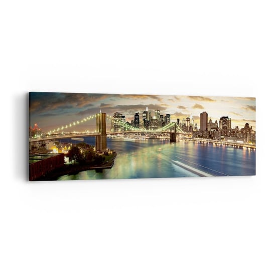 Obraz na płótnie - Rozświetlony wieczór nad Manhatanem - 90x30cm - Miasto Most Nowy York - Nowoczesny Canvas obraz do salonu do sypialni ARTTOR ARTTOR