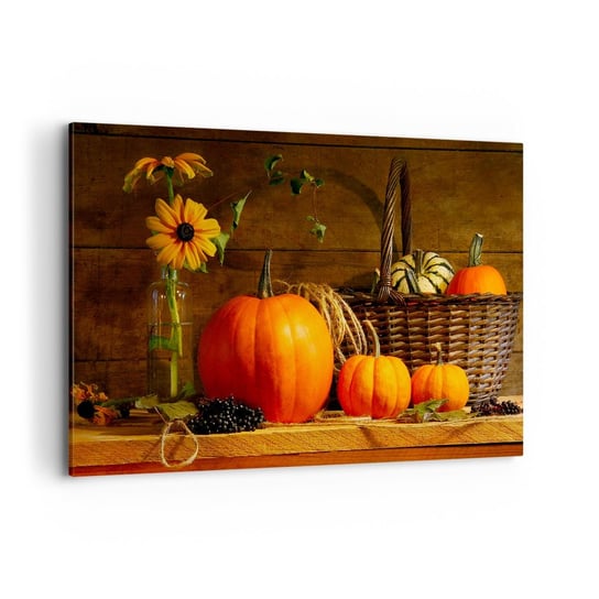 Obraz na płótnie - Rystykalna kompozycja - dary jesieni - 100x70cm - Dynia Słoneczniki Martwa Natura - Nowoczesny foto obraz w ramie do salonu do sypialni ARTTOR ARTTOR