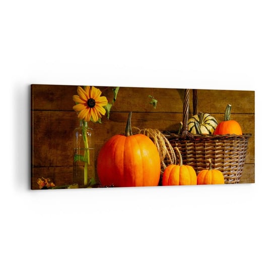 Obraz na płótnie - Rystykalna kompozycja - dary jesieni - 120x50cm - Dynia Słoneczniki Martwa Natura - Nowoczesny obraz na ścianę do salonu do sypialni ARTTOR ARTTOR