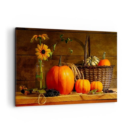 Obraz na płótnie - Rystykalna kompozycja - dary jesieni - 120x80cm - Dynia Słoneczniki Martwa Natura - Nowoczesny obraz na ścianę do salonu do sypialni ARTTOR ARTTOR