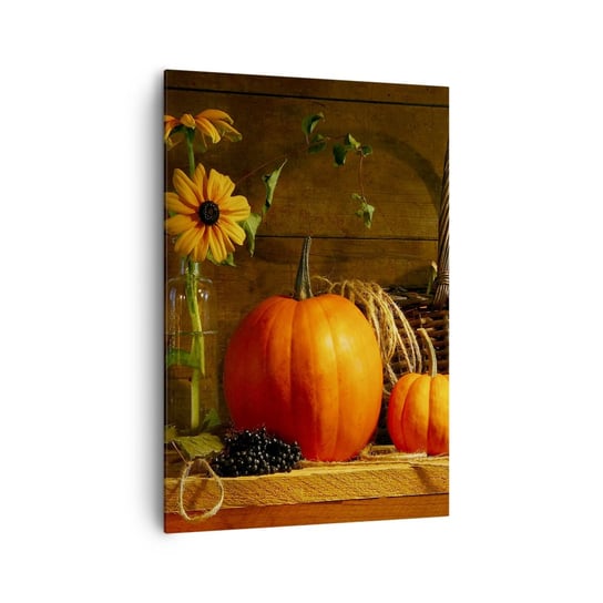 Obraz na płótnie - Rystykalna kompozycja - dary jesieni - 70x100cm - Dynia Słoneczniki Martwa Natura - Nowoczesny foto obraz w ramie do salonu do sypialni ARTTOR ARTTOR