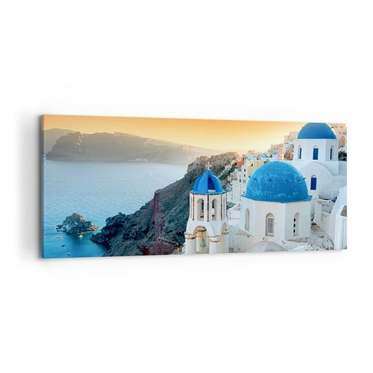 Obraz na płótnie - Santorini - przytulone do skał - 120x50cm - Krajobraz Grecja Santorini - Nowoczesny obraz na ścianę do salonu do sypialni ARTTOR ARTTOR