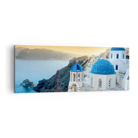 Obraz na płótnie - Santorini - przytulone do skał - 140x50cm - Krajobraz Grecja Santorini - Nowoczesny Canvas obraz do salonu do sypialni ARTTOR ARTTOR