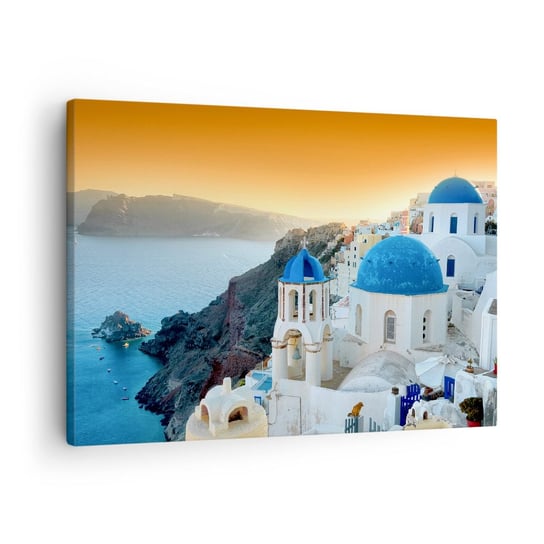 Obraz na płótnie - Santorini - przytulone do skał - 70x50cm - Krajobraz Grecja Santorini - Nowoczesny Canvas obraz do salonu do sypialni ARTTOR ARTTOR