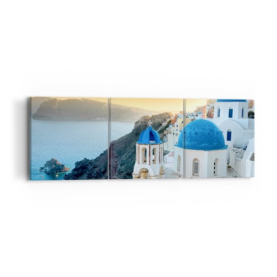 Obraz na płótnie - Santorini - przytulone do skał - 90x30 cm - Obraz nowoczesny - Krajobraz, Grecja, Santorini, Morze Śródziemnomorskie, Zachód Słońca - CA90x30-2529 ARTTOR