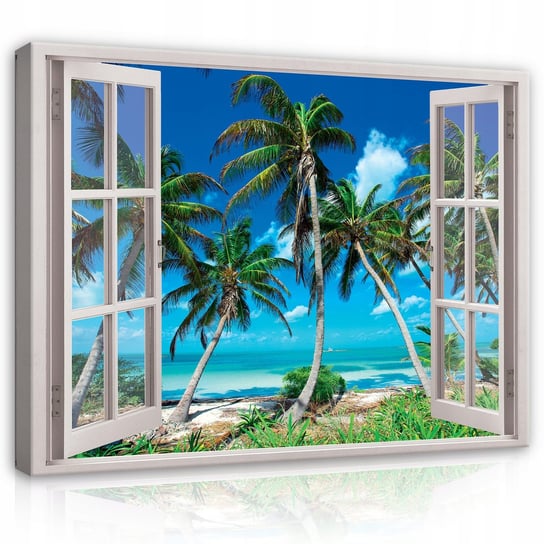 Obraz Na Płótnie Ścianę Do Salonu Sypialni OKNO 3D Plaża Morze Palmy 100x70 Consalnet