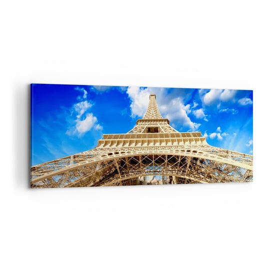 Obraz na płótnie - Sięgając nieba i chmur - 100x40cm - Miasto Paryż Wieża Eiffla - Nowoczesny foto obraz w ramie do salonu do sypialni ARTTOR ARTTOR