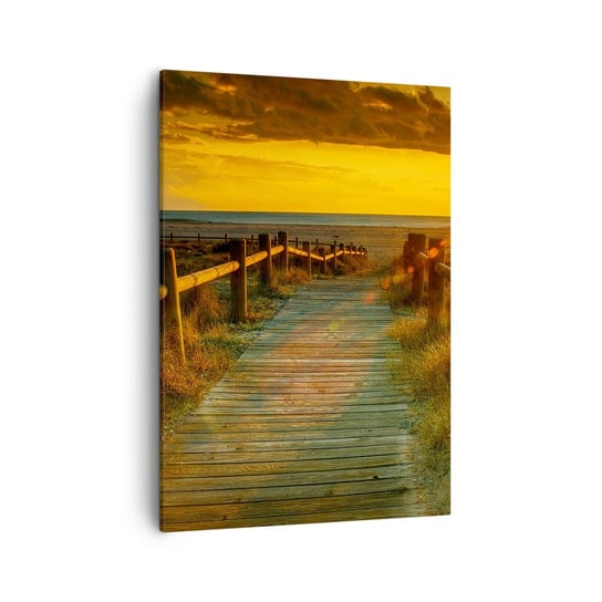 Obraz na płótnie - Skąpane w starym złocie - 50x70cm - Krajobraz Morze Zejście Na Plażę - Nowoczesny Canvas obraz do salonu do sypialni ARTTOR ARTTOR