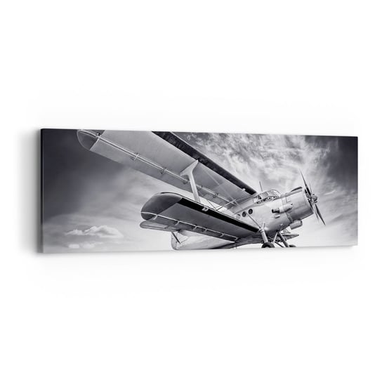 Obraz na płótnie - Skrzydlaty wędrowiec - 90x30cm - Samolot Lotnictwo Czarno-Biały - Nowoczesny Canvas obraz do salonu do sypialni ARTTOR ARTTOR