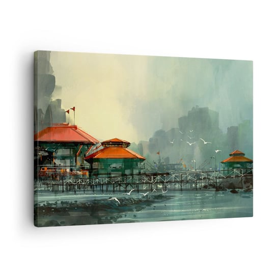 Obraz na płótnie - Słotny dzień w porcie - 70x50cm - Miasto Portowe Architektura Morze - Nowoczesny Canvas obraz do salonu do sypialni ARTTOR ARTTOR