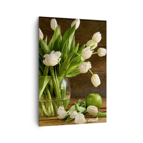 Obraz na płótnie - Soczyste i świeże w zieleni i bieli - 70x100cm - Kwiaty Tulipany Bukiet Kwiatów - Nowoczesny foto obraz w ramie do salonu do sypialni ARTTOR ARTTOR