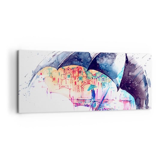 Obraz na płótnie - Spacer w deszczu - 100x40 cm - Obraz nowoczesny - Abstrakcja, Parasol, Architektura, Grafika, Sztuka - AB100x40-3063 ARTTOR