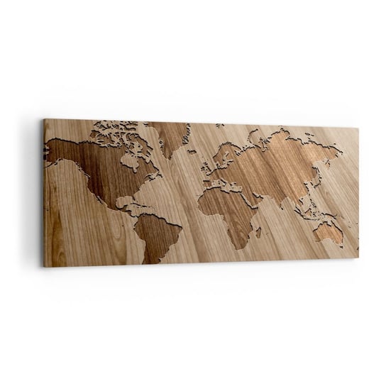 Obraz na płótnie - Świat podany na stole - 120x50cm - Mapa Świata Drewno Kontynenty - Nowoczesny obraz na ścianę do salonu do sypialni ARTTOR ARTTOR