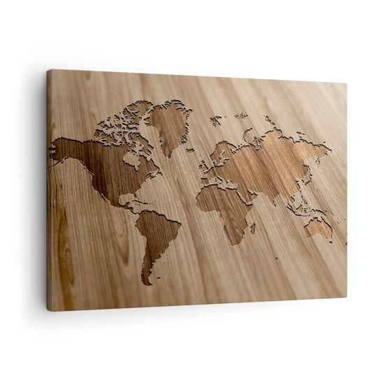 Obraz na płótnie - Świat podany na stole - 70x50cm - Mapa Świata Drewno Kontynenty - Nowoczesny Canvas obraz do salonu do sypialni ARTTOR ARTTOR