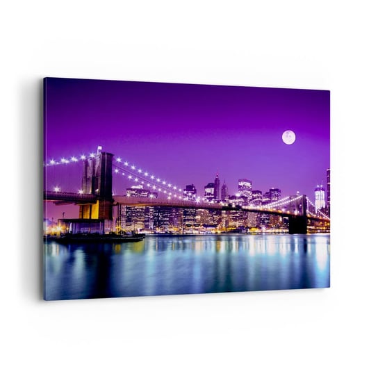 Obraz na płótnie - Światła wielkiego miasta we fiolecie - 100x70cm - Miasto Nowy Jork Most Brooklin Bridge - Nowoczesny foto obraz w ramie do salonu do sypialni ARTTOR ARTTOR