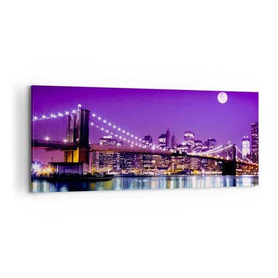 Obraz na płótnie - Światła wielkiego miasta we fiolecie - 120x50cm - Miasto Nowy Jork Most Brooklin Bridge - Nowoczesny obraz na ścianę do salonu do sypialni ARTTOR ARTTOR