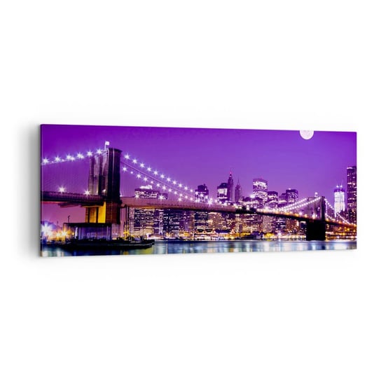 Obraz na płótnie - Światła wielkiego miasta we fiolecie - 140x50cm - Miasto Nowy Jork Most Brooklin Bridge - Nowoczesny Canvas obraz do salonu do sypialni ARTTOR ARTTOR