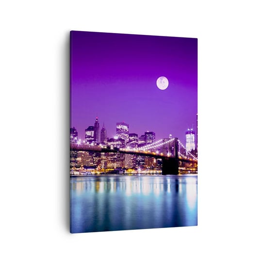 Obraz na płótnie - Światła wielkiego miasta we fiolecie - 50x70cm - Miasto Nowy Jork Most Brooklin Bridge - Nowoczesny Canvas obraz do salonu do sypialni ARTTOR ARTTOR