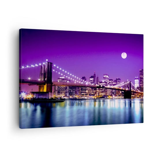 Obraz na płótnie - Światła wielkiego miasta we fiolecie - 70x50cm - Miasto Nowy Jork Most Brooklin Bridge - Nowoczesny Canvas obraz do salonu do sypialni ARTTOR ARTTOR