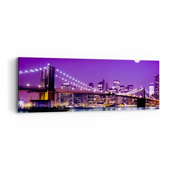 Obraz na płótnie - Światła wielkiego miasta we fiolecie - 90x30cm - Miasto Nowy Jork Most Brooklin Bridge - Nowoczesny Canvas obraz do salonu do sypialni ARTTOR ARTTOR