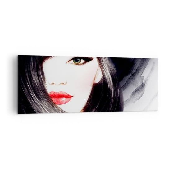 Obraz na płótnie - Szafirowe spojrzenie - 140x50cm - Twarz Kobiety Czerwone Usta Zielone Oczy - Nowoczesny Canvas obraz do salonu do sypialni ARTTOR ARTTOR