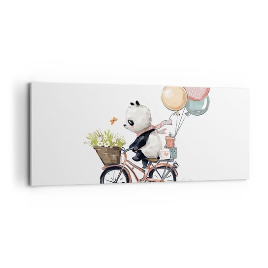 Obraz na płótnie - Szczęśliwy dzień - 100x40cm - Dla Dzieci Panda Na Rowerze Abstrakcja - Nowoczesny foto obraz w ramie do salonu do sypialni ARTTOR ARTTOR