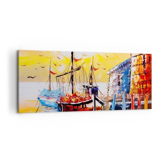 Obraz na płótnie - Szczęśliwy powrót - 120x50cm - Krajobraz Port Rybacki Łódki - Nowoczesny obraz na ścianę do salonu do sypialni ARTTOR ARTTOR