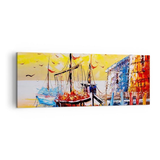 Obraz na płótnie - Szczęśliwy powrót - 140x50cm - Krajobraz Port Rybacki Łódki - Nowoczesny Canvas obraz do salonu do sypialni ARTTOR ARTTOR