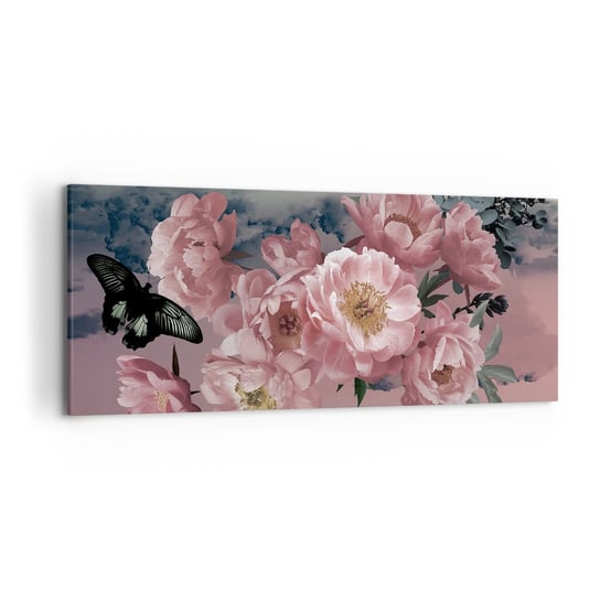 Obraz na płótnie - Szczyt romantyzmu - 120x50cm - Kwiat Piwonii Motyl Kwiaty - Nowoczesny obraz na ścianę do salonu do sypialni ARTTOR ARTTOR