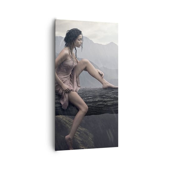 Obraz na płótnie - Szczyty piękna - 65x120 cm - Obraz nowoczesny - Kobieta, Modelka, Krajobraz, Kot, Góry - PA65x120-2134 ARTTOR