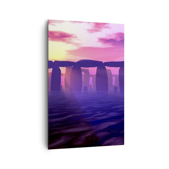 Obraz na płótnie - Tajemnica o świcie we mgle - 80x120cm - Architektura Stonehenge Kamienne Kręgi - Nowoczesny obraz na ścianę do salonu do sypialni ARTTOR ARTTOR