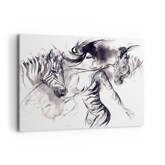 Obraz na płótnie - Tańcząca z zebrami - 100x70cm - Abstrakcja Kobieta Zebra - Nowoczesny foto obraz w ramie do salonu do sypialni ARTTOR ARTTOR