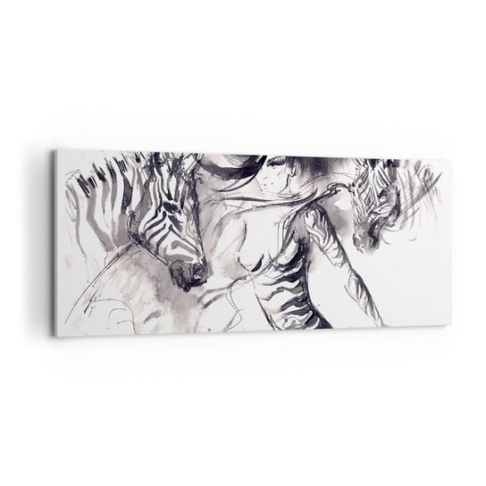 Obraz na płótnie - Tańcząca z zebrami - 120x50cm - Abstrakcja Kobieta Zebra - Nowoczesny obraz na ścianę do salonu do sypialni ARTTOR ARTTOR