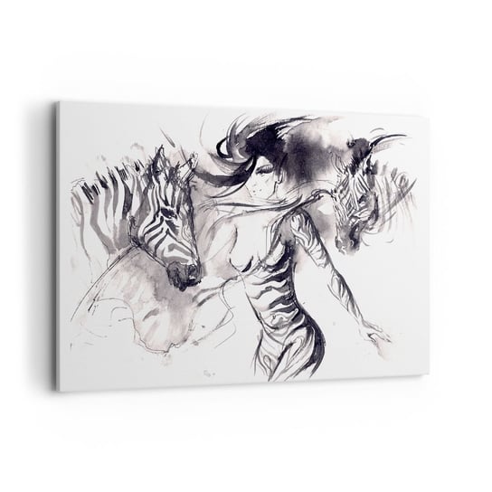 Obraz na płótnie - Tańcząca z zebrami - 120x80cm - Abstrakcja Kobieta Zebra - Nowoczesny obraz na ścianę do salonu do sypialni ARTTOR ARTTOR