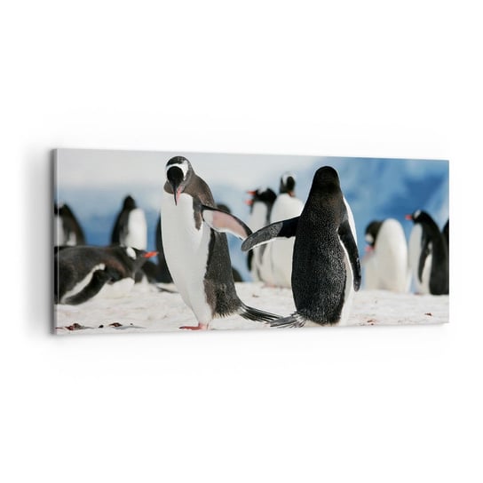 Obraz na płótnie - Taniec na śniegu - 100x40cm - Pingwin Antarktyda Krajobraz - Nowoczesny foto obraz w ramie do salonu do sypialni ARTTOR ARTTOR