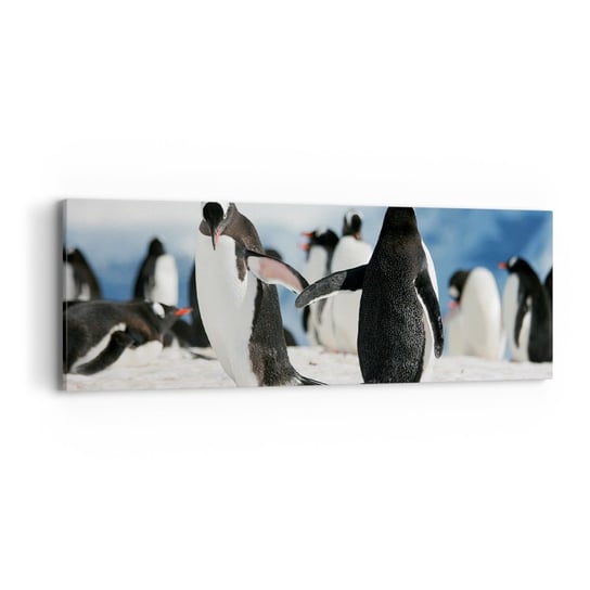 Obraz na płótnie - Taniec na śniegu - 90x30cm - Pingwin Antarktyda Krajobraz - Nowoczesny Canvas obraz do salonu do sypialni ARTTOR ARTTOR