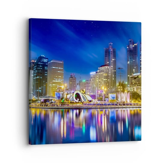 Obraz na płótnie - Tęczowa noc metropolii - 30x30 cm - Obraz nowoczesny - Miasto, Bangkok, Architektura, Nocne Życie, Tajlandia - AC30x30-2447 ARTTOR
