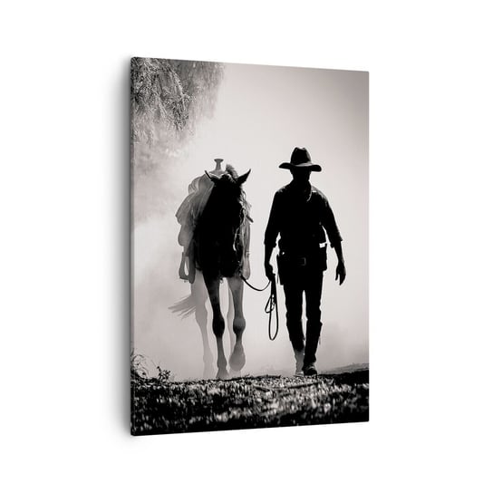 Obraz na płótnie - Teksański poranek - 50x70cm - Kowboj Koń Ranczo - Nowoczesny Canvas obraz do salonu do sypialni ARTTOR ARTTOR