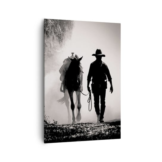 Obraz na płótnie - Teksański poranek - 70x100cm - Kowboj Koń Ranczo - Nowoczesny foto obraz w ramie do salonu do sypialni ARTTOR ARTTOR